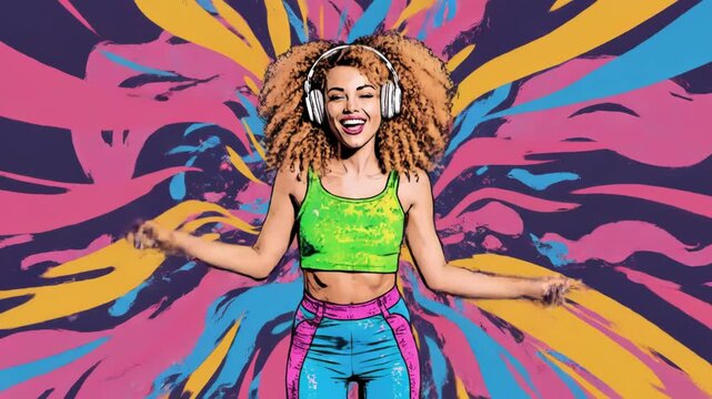 A vibrant illustration of a woman with curly hair wearing headphones and a green sports bra dancing in front of a colorful abstract background with swirling patterns