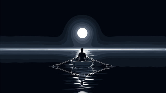 Moonlit solitude: Lone rower on dark, tranquil water under a luminous full moon. Minimalist night journey illustration.