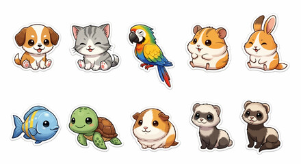 Obraz premium Adorable collection of ten cartoon pet animals including a puppy, kitten, parrot, hamster, bunny, fish, turtle, guinea pig, and two ferrets.