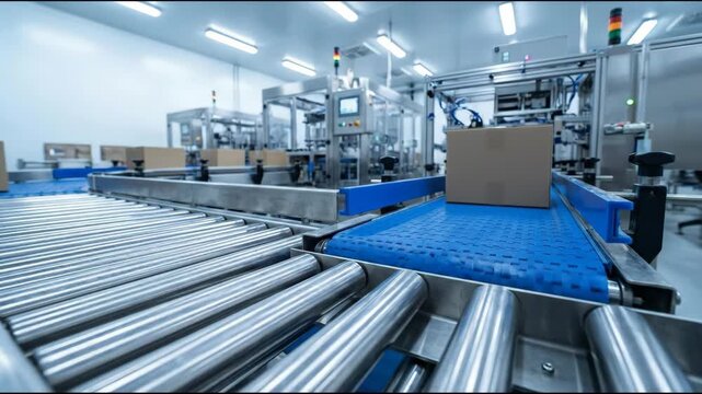 Cardboard box blue conveyor belt automated packaging line with stainless roller conveyor and industrial machinery blue conveyor belt modern packaging