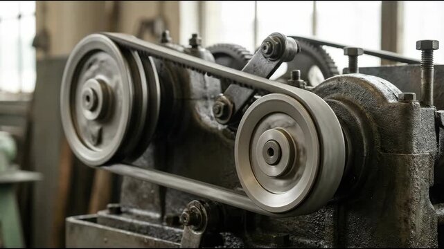 Worn metal drive pulley belt industrial workshop with motion blur and oil sheen worn industrial belt drive pulley metal machinery workshop close up