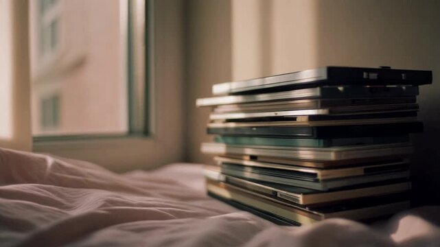 Stacked CDs on a bed in a bedroom, window letting in gentle light for relaxation, captured from above