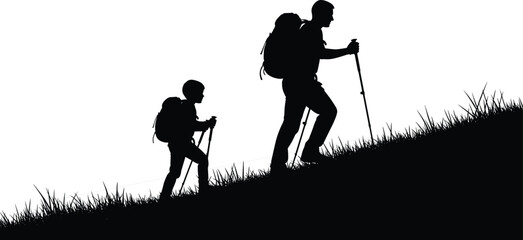 Black silhouette of father and son hiking up a mountain trail with backpacks and trekking poles in meadow grass landscape. © Boby