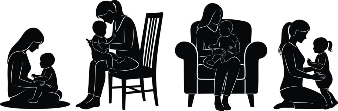 Set of black mother and baby silhouettes, maternal bonding moments, parent and child care, woman sitting with infant, isolated icons.