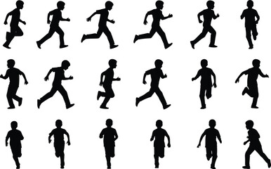 Obraz premium Set of black silhouettes of a young boy running and jumping, active child motion, childhood energy, isolated on white background.