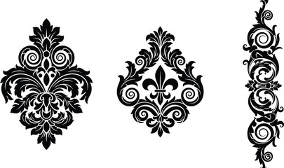 Vintage Damask Ornamental Element Set with Luxury Baroque Floral Scrolls Fleur De Lis Patterns for Invitation Greeting Card Border Classic Classic Decoration Vector Illustration © MDASIKUL