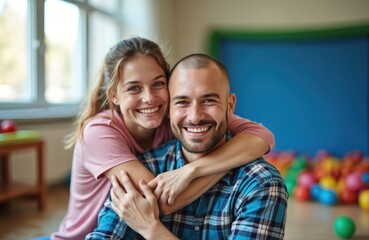 Obraz premium Happy couple smiles. Woman embraces man from behind. They are in a bright room with windows and colorful balls in background. Love relationship concept.