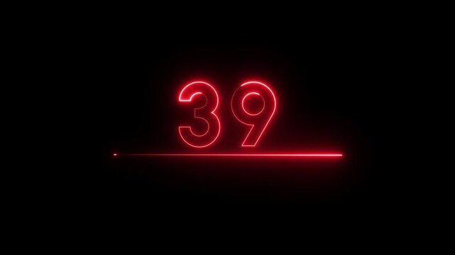 Neon count business number animation. Neon 39 number text on black background.