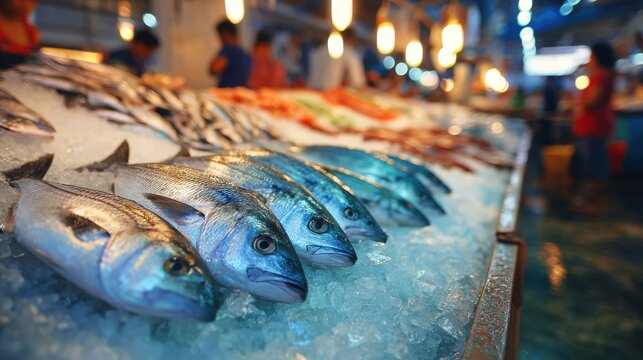industry retail fish market stalls fresh fish on blurred background 