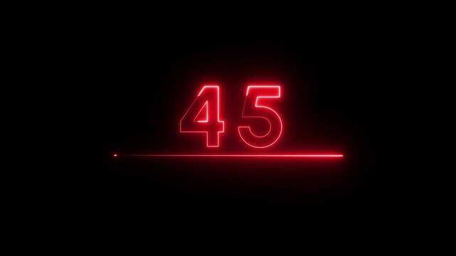 Neon count business number animation. Neon 45 number text on black background.