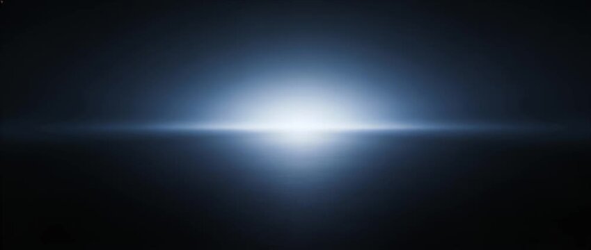 Abstract space horizon light glow flare, blue background cinematic sunrise beam over dark gradient, planet curvature glare vignette, futuristic technology video intro copy space