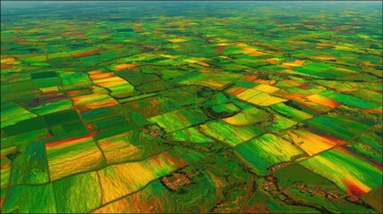 Vibrant patchwork of agricultural fields from an aerial perspective showcasing colorful crops and rural landscapes