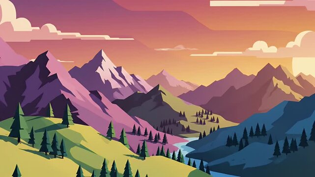Vibrant flat design mountain valley with river and sunset sky