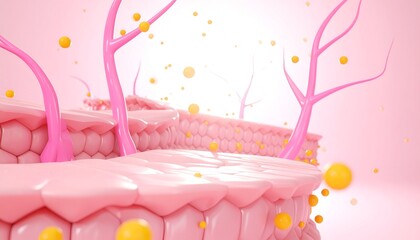 Detailed view of skin layers, pink and yellow elements, cellular structure