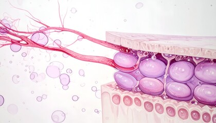 Cross-section anatomical illustration showing cellular structures and vessels