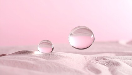 Two clear, floating spheres of water over a pink, textured surface