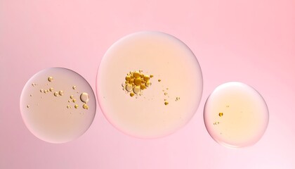 Close-up of three translucent spheres with golden particulates