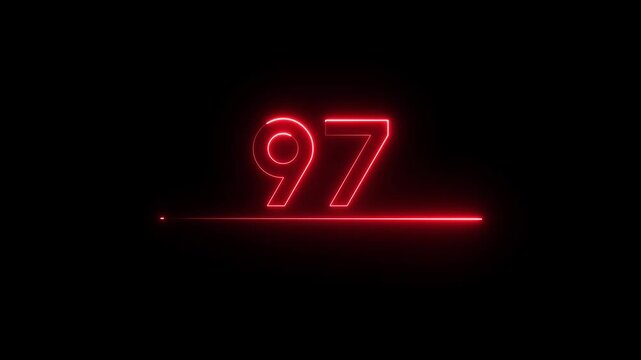 Neon count business number animation. Neon 97 number text on black background.