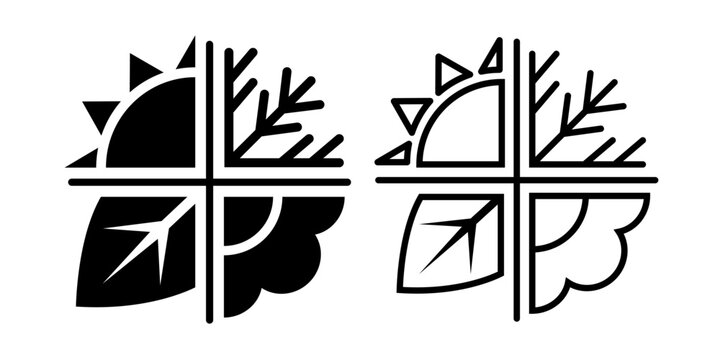 Season summer, autumn, winter, spring, all season, all terrain black line icon set. Season icons, label, sticker, banner, symbol, sign, emblem, logo, badge, web. Vector illustration.