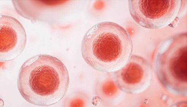 Cell microscopy biology science medicine research laboratory simulation micrograph tissue, floating pink spheres and stem cell embryo nucleus membrane in soft fluid bokeh, abstract biotech render