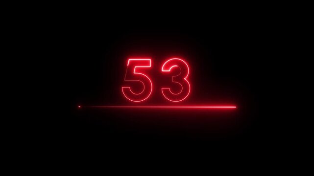 Neon count business number animation. Neon 53 number text on black background.