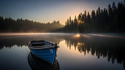 Stillness of a blue boat at dawn