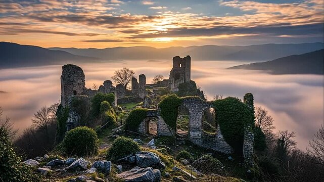 Majestic ruins of a medieval castle perched on a hill, dramatically surrounded by ethereal fog and clouds at sunrise or sunset, creating a mystical and historical landscape view.