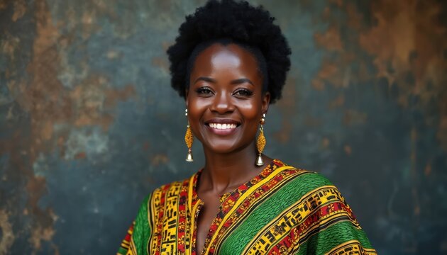 African woman smiles brightly in traditional kente cloth. She wears large beaded earrings and has curly dark hair. Her expression is confident and warm, set against a textured backdrop.