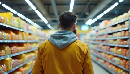 Plakat Man walks through bright supermarket aisle with shelves full of packaged goods. He considers purchasing food. Blurred background focuses on consumer choices.