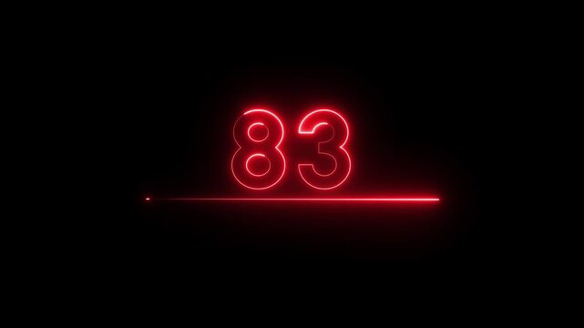 Neon count business number animation. Neon 83 number text on black background.