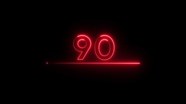 Neon count business number animation. Neon 90 number text on black background.
