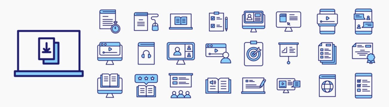 Online course or E Learning Icon set. Containing online class, digital learning, audiobook, cerificate, streaming video. Icon collection flat blue.