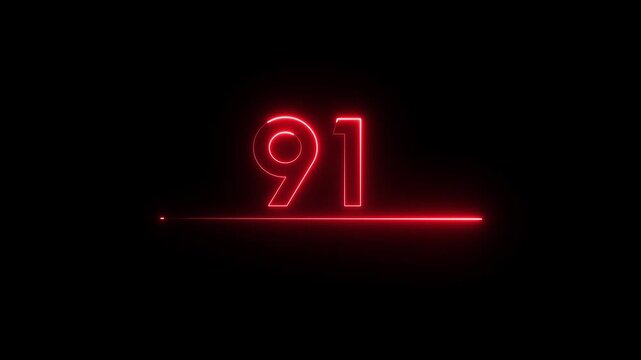 Neon count business number animation. Neon 91 number text on black background.