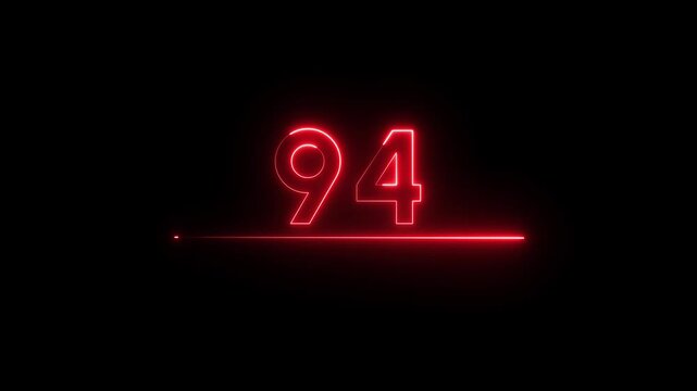 Neon count business number animation. Neon 94 number text on black background.