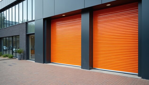 Orange roller doors on modern building exterior. Corrugated metal shutters provide security for garage or industrial warehouse. Facade features dark panels and brickwork details.