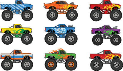 Collection of colorful cartoon monster trucks vector illustrations with big tires and flame decals isolated on white background for extreme off-road sports design. © MstShefaly