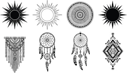 Collection of black and white bohemian vector elements including sun mandalas feathers dreamcatchers and tribal geometric ornaments isolated for tattoo art and home decoration. © MstShefaly