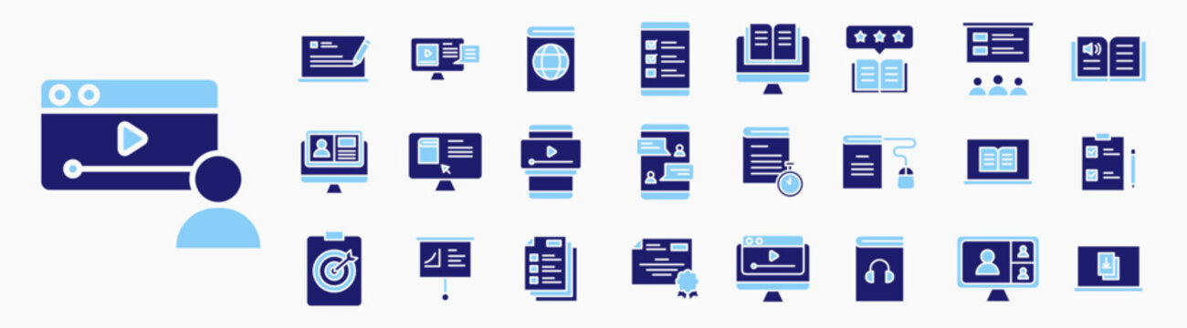 Online course or E Learning Icon set. Containing online class, digital learning, audiobook, cerificate, streaming video and more. Icon collection Solid blue.