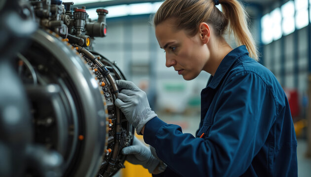 Woman mechanic repairs aircraft engine in hangar. She wears gloves, adjusts wires on jet turbine. Focused worker in factory, aviation industry, engineering.