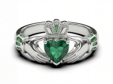 Emerald Claddagh Ring with Silver Hands and Crown on White Background