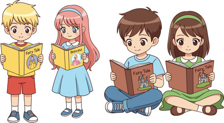 Colorful cartoon vector set of diverse young boys and girls sitting and standing while reading fairy tale storybooks for early childhood literacy and education concepts © MstShefaly