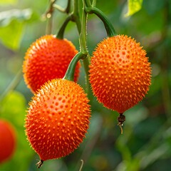 Obraz premium Close up of vibrant orange gac fruit with spiky surface on green vines