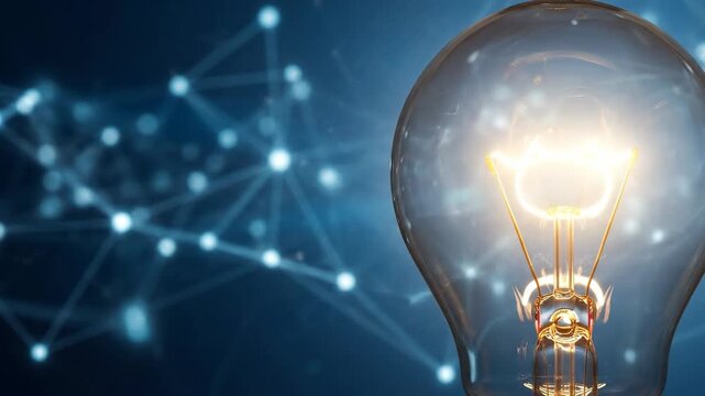 Glowing light bulb sparks innovative ideas against a digital network background.