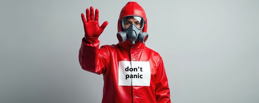 Person in red hazmat suit and gas mask with do not panic message. Hand raised, signaling stop. Represents safety, crisis response, and public health awareness during emergencies or outbreaks.
