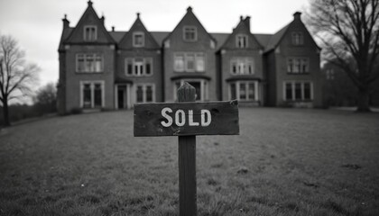 Obraz premium Old manor house with SOLD sign in yard. Black and white landscape shows empty grass lawn and cloudy sky. Real estate sale completed on large historic property.