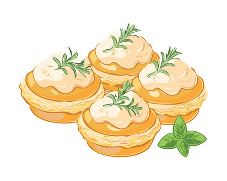 cream puffs with vanilla filling and herbs for gourmet bakery dessert shop display - Vector Illustration