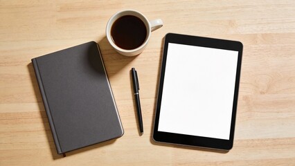 Wood desk workspace with tablet blank screen, coffee mug and notebook, modern office planning and mockup for app design, calm morning productivity vibe