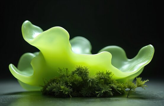 Green bioplastic material derived from algae, concept for eco friendly packaging and sustainability. Recyclable alternative to traditional plastics.