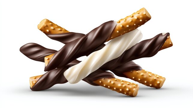 Pocky Stick Explosion concept, dynamic burst with flying chocolate-coated biscuit sticks and crumbs frozen in midair, isolated on a white background, cinematic high-speed food photography, dramatic