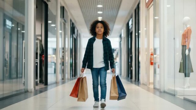 Young woman enjoying shopping spree with colorful bags in modern mall